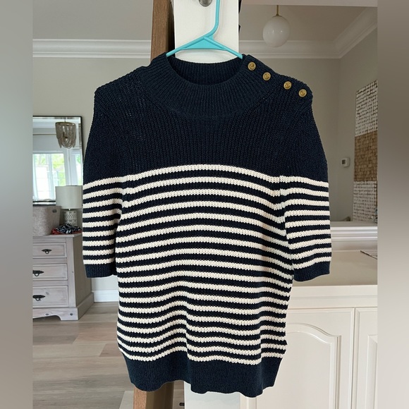 Anthropologie Maeve Divendra Navy Stripe French Blouse Gold Buttons Sz L - Picture 8 of 10